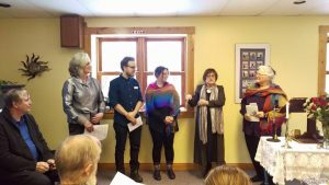 From left to right: Esther Saanum, Ryan Frizzell, Crystle Reid, Rev. Carole Martignacco and UUEstrie president Rachel Garber
